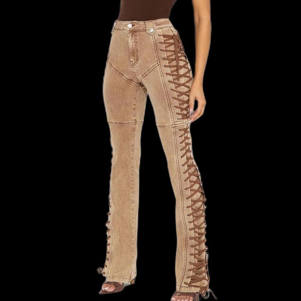 Fashion Nova Women's Straight Leg Lace-Up Side Tan Jeans